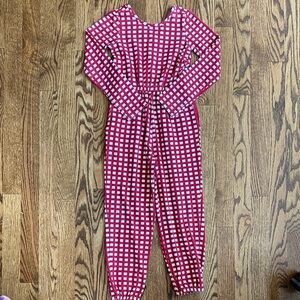 Red and white check long sleeved Hanna Andersson jumpsuit, size 6-7, great cond
